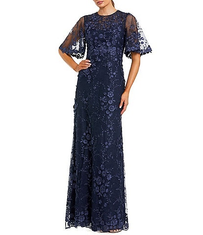 Mac Duggal Floral Embellished Net Crew Neck Short Flutter Sleeve Gown