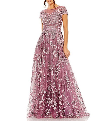 Mac Duggal Floral Embellished Round Neck Cap Sleeve A-Line Gown
