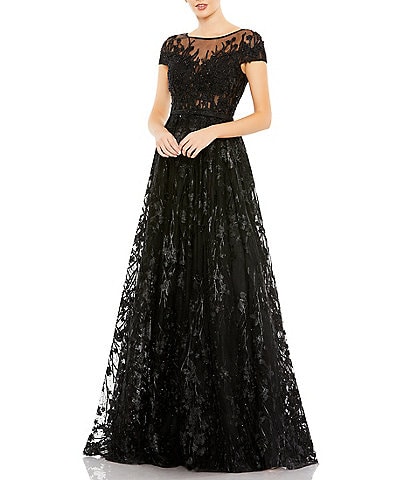 Mac Duggal Floral Embellished Round Neck Cap Sleeve A-Line Gown