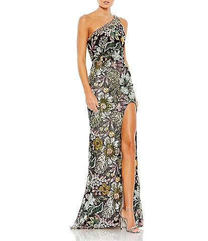 Mac Duggal Floral Embellished Sequin One Shoulder Sleeveless Open Back Sheath Gown