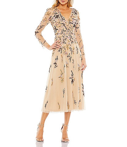 Mac Duggal Floral Print Embroidered Long Sleeve Surplice V-Neck A-Line Midi Dress