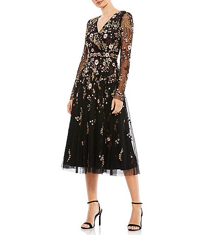Mac Duggal Floral Print Embroidered Long Sleeve Surplice V-Neck A-Line Midi Dress