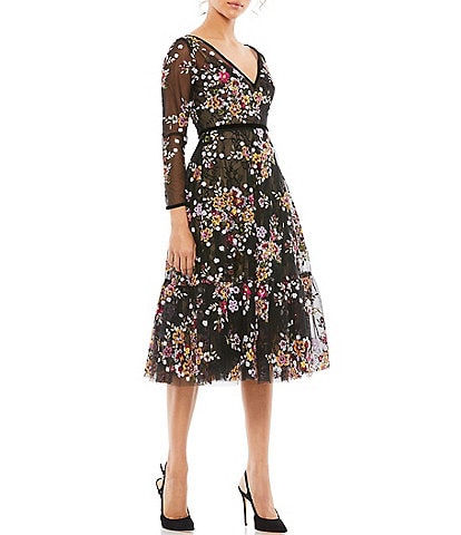 Mac Duggal Floral Embroidered Mesh Lace V-Neck 3/4 Sleeve Dress