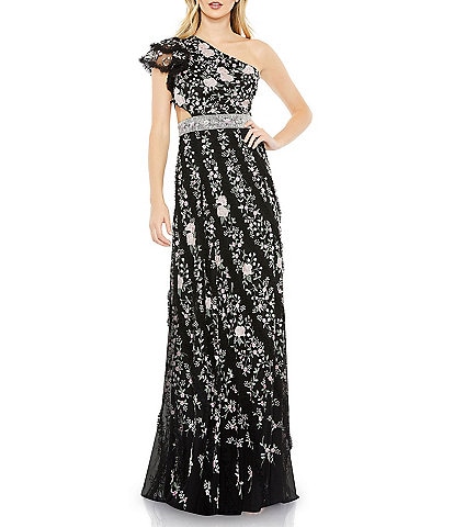 Mac Duggal Floral Embroidered One Shoulder Ruffle Sleeve Open Lace Up Back Gown