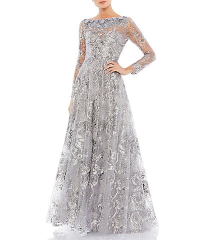 Mac Duggal Floral Embroidered Sequin Illusion Boat Neck Long Sleeve Gown