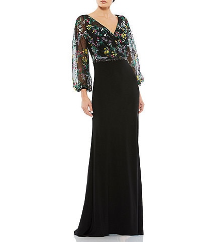 Mac Duggal Floral Embroidered Surplice V-Neck Long Puff Sleeve Gown
