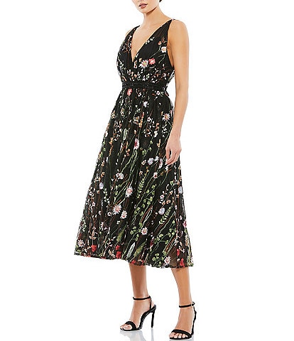 Mac Duggal Floral Embroidered V-Neck Sleeveless Sequin Midi Dress