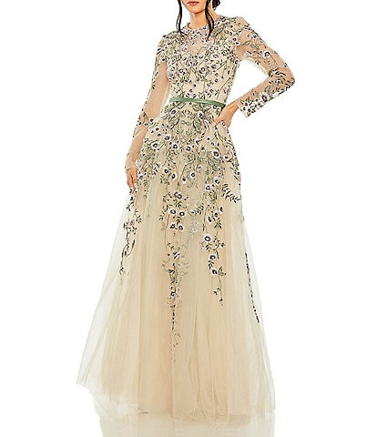 Mac Duggal Floral Embroidery Illusion Crew Neck Long Sleeve Gown