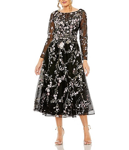 Mac Duggal Floral Embroidery Scoop Neckline Long Sleeve Fit and Flare Midi Dress