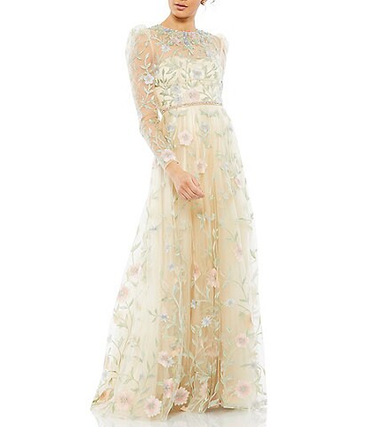 Mac Duggal Floral Illusion Jewel Neck Long Sleeve Beaded Gown