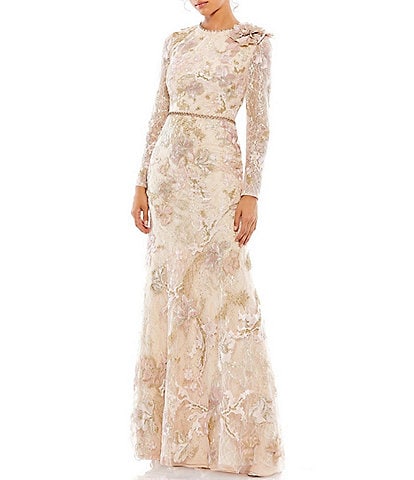 Mac Duggal Floral Lace Embroidered Crew Neck Long Sleeve Gown