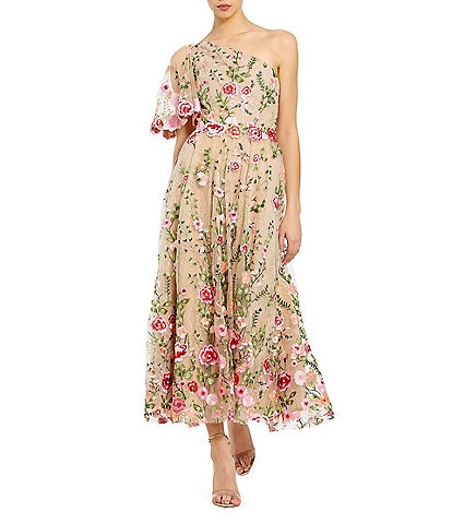 Mac Duggal Floral Lace Embroidered One Shoulder Short Sleeve Midi Dress