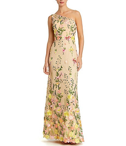 Mac Duggal Floral Lace Embroidered One Shoulder Sleeveless Gown