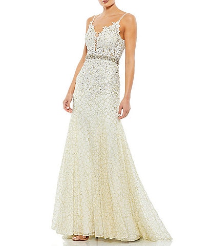 Mac Duggal Floral Lace Sleeveless Deep V-Neck Gown