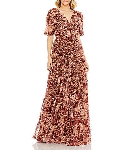 Mac Duggal Floral Mesh V-Neck Short Puff Sleeve Ruffle Gown