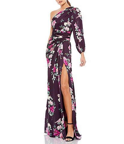 Mac Duggal Floral One Shoulder One Long Sleeve High Front Slit Gown