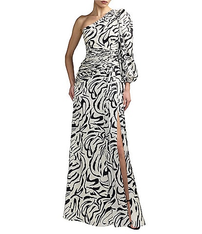 Mac Duggal Floral One Shoulder One Long Sleeve High Front Slit Gown