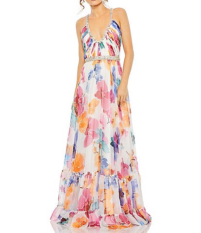 Mac Duggal Floral Print Beaded Deep Scoop Neck Sleeveless Tiered A-Line Gown