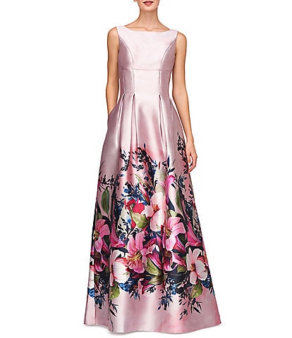 Kay Unger Floral Print Mikado Boat Neck Sleeveless Pleated Side Pocket Gown