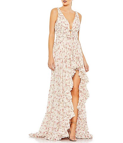 Mac Duggal Floral Print Sleeveless Ruffle Tiered High-Low Plunging V-Neck Gown