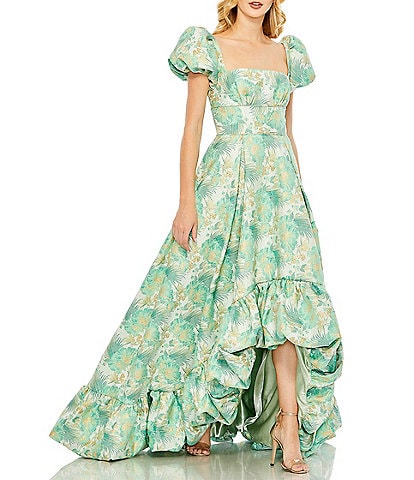 Mac Duggal Floral Print Square Neck Short Puffed Sleeve High-low Brocade Ball Gown