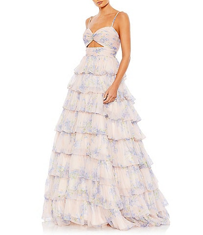 Mac Duggal Floral Print Sweetheart Neck Spaghetti Strap Sleeveless Cut Out Open Back Detail Ruffle Tiered Ball Gown