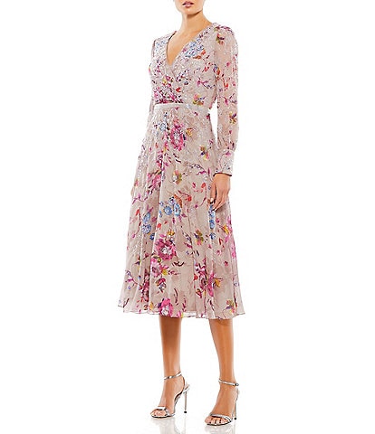 Mac Duggal Floral Print V-Neck Long Sleeve Midi Dress