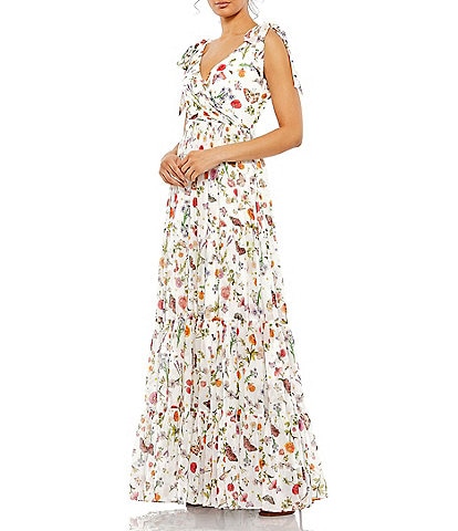 Mac Duggal Floral Print V-Neck Sleeveless Tie Shoulder A-Line Gown