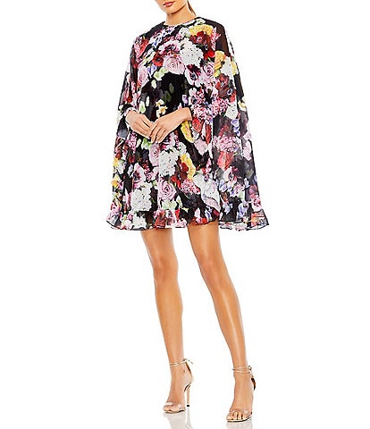 Mac Duggal Floral Ruffle Jewel Neckline Cape Sleeve Mini Dress