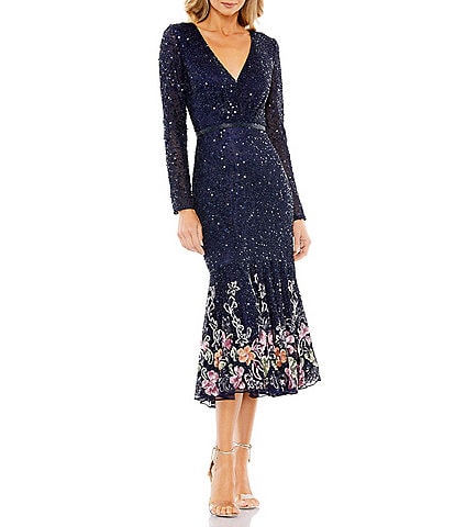 Mac Duggal Floral Sequin and Beaded Surplice V-Neck Long Sleeve Midi Dress