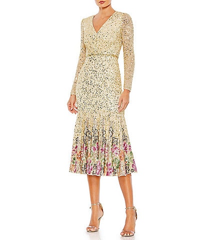 Mac Duggal Floral Sequin and Beaded Surplice V-Neck Long Sleeve Midi Dress