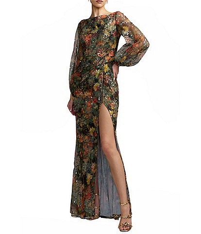 Mac Duggal Floral Print Sequin Boat Neck Long Sleeve Front Slit Gown