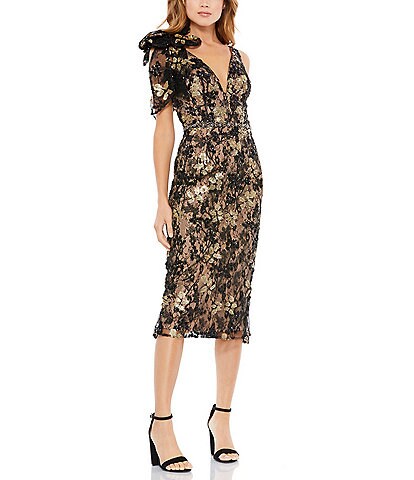 Mac Duggal Floral Sequin Deep V-Neck Sleeveless Bow Shoulder Midi Dress