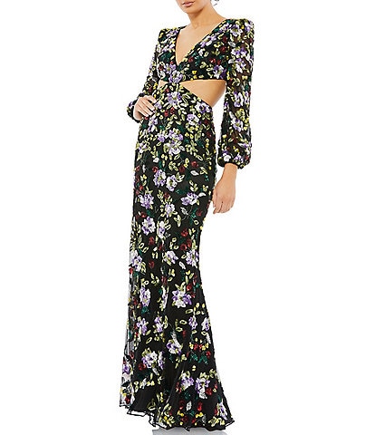 Mac Duggal Floral Sequin Embellished Long Sleeve V-Neck Cut Out Gown