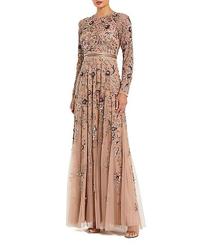 Mac Duggal Floral Sequin Embellished Mesh High Neck Long Sleeves Beaded Waist A-Line Gown Gown