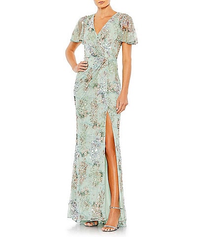 Mac Duggal Floral Sequin Short Butterfly Sleeve Faux Wrap Thigh High Slit Gown
