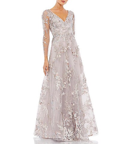 Mac Duggal Floral Sequin V-Neck Sheer 3/4 Sleeve Embellished A-Line Gown