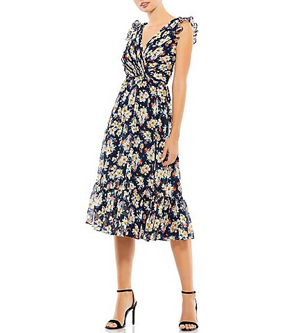 Mac Duggal Floral Print Sleeveless Ruffle Strap Surplice V-Neck Chiffon Tiered Ruffle Hem Midi A-Line Dress