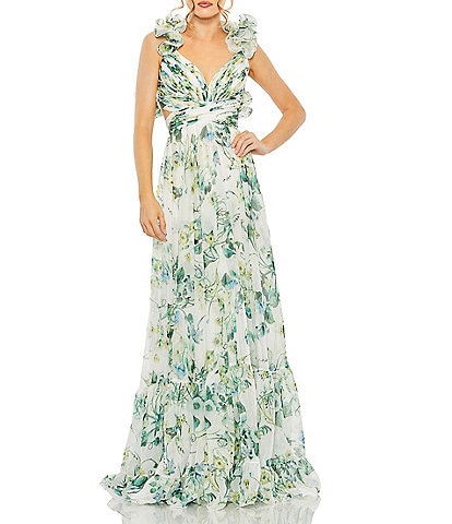 Mac Duggal Floral V-Neck Ruffled Wide Strap Open Back Gown