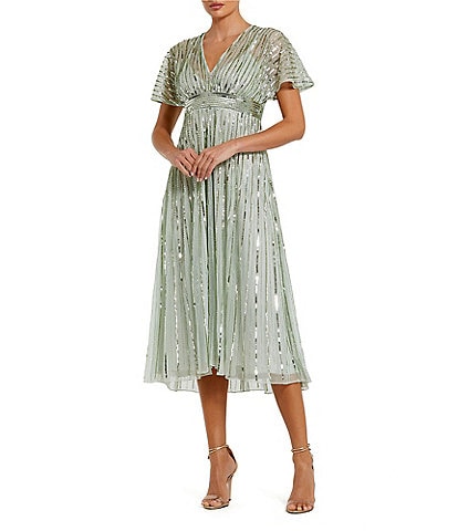 Mac Duggal Flutter Sleeve Embellished Chiffon A-Line Midi Dress