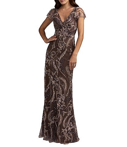 Mac Duggal Flutter Sleeve Embroidered Gown