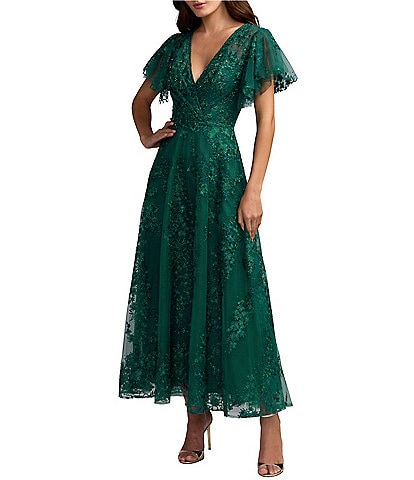  Flutter Sleeve Faux Wrap Embellished A Line Gown