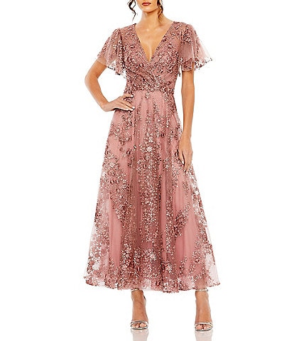 Mac Duggal Flutter Sleeve Faux Wrap Embellished A Line Gown