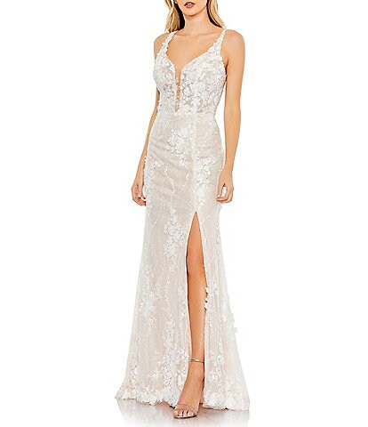 Mac Duggal Glitter Floral Applique Sleeveless Plunge Sweetheart Neck Thigh High Slit Mermaid Gown