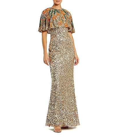 Mac Duggal Gold Embellished Mesh Crew Neck Beaded Floral Shawl Mermaid Gown