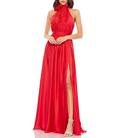 Mac Duggal Turtleneck Sleeveless Lined Thigh High Slit A-Line Gown