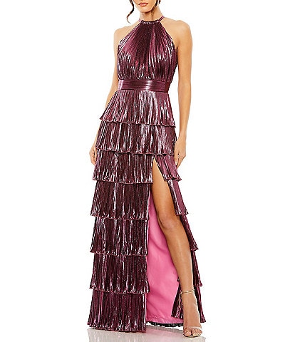 Mac Duggal Halter Neck Sleeveless Pleated Tiered Ruffle Metallic Gown