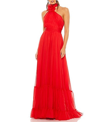Mac Duggal Halter Neckline with Rosette Sleeveless Tiered A Line Gown