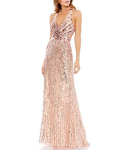 Mac Duggal Halter V-Neck Sleeveless Beaded Sequin Cut-Out Open Back Detail Gown