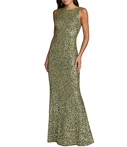 Mac Duggal High Neck Sleeveless Sequin Evening Gown